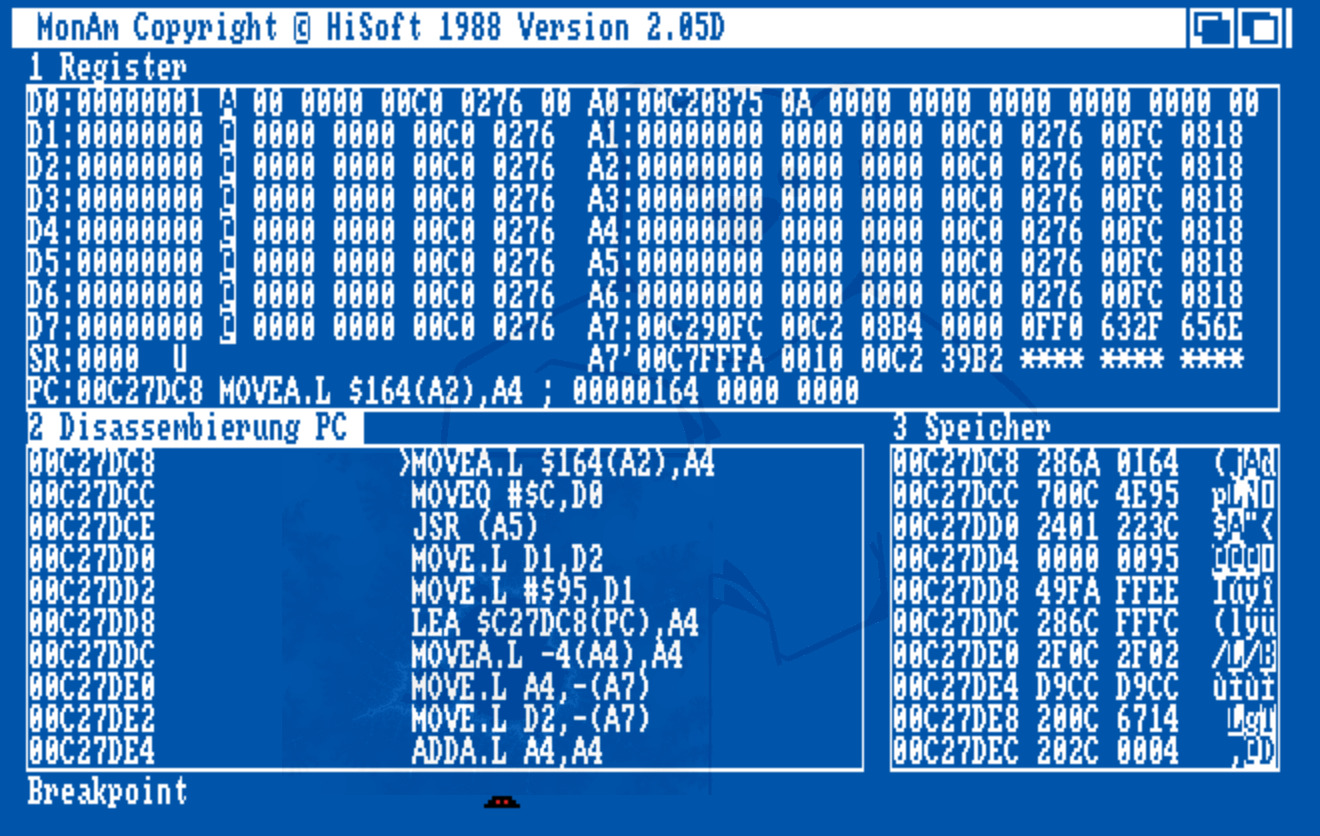 HiSoft DevPac Assembler 2.14D - Der Debugger - Geöffnet ist das Programm "EndCli" aus dem Verzeichnis DF0:c